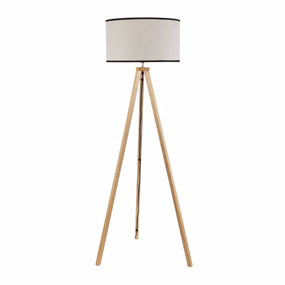 ValueLights Barbro Wood Tripod Floor Lamp with Natural Beige Fabric Cylinder Shade in Black, H 151 cm x W 45 cm – 2