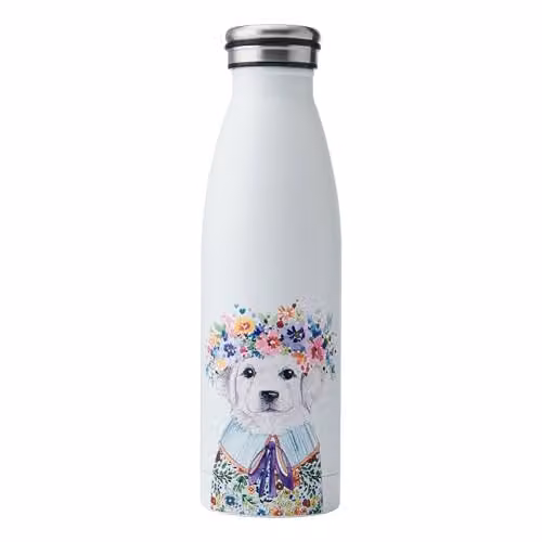 Mikasa Tipperleyhill Insulated Stainless Steel Water Bottle with Puppy Illustration, White and Multicolour, 500ml – 1