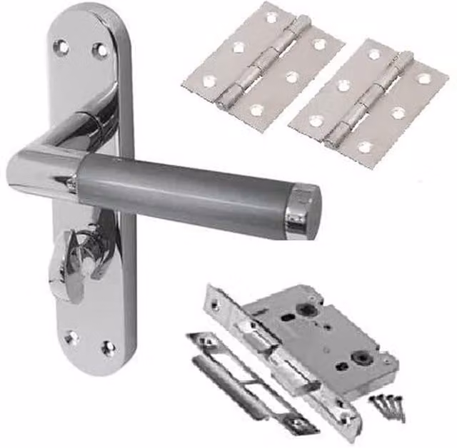 Golden Grace Mitred Door Handle on Backplate with Bathroom Lock and Hinge Set in Silver and Grey