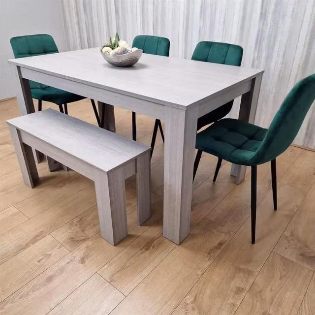 Kosy Koala Modern Rectangular Dining Set with Table, Bench and Chairs in Grey and Green