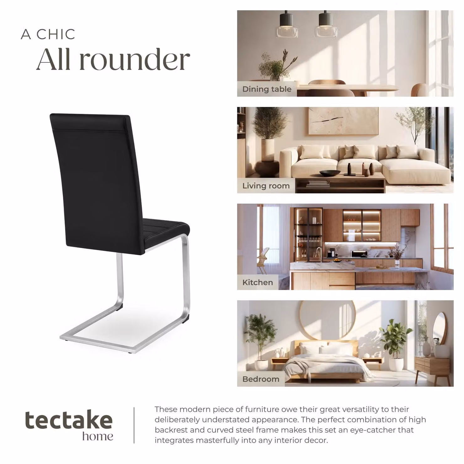 tectake Bettina Set of 4 Dining Chairs in Black Synthetic Leather with Metal Cantilever Base – 7