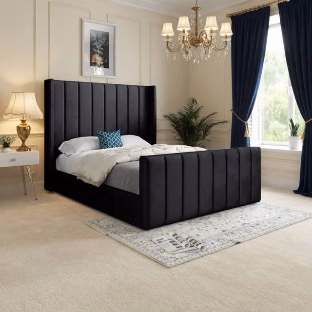 KDMD Strumpshaw Winged Upholstered Designer Bed Frame in Black Soft Velvet, W/D/H: 137 x 120 x 200 cm – 1
