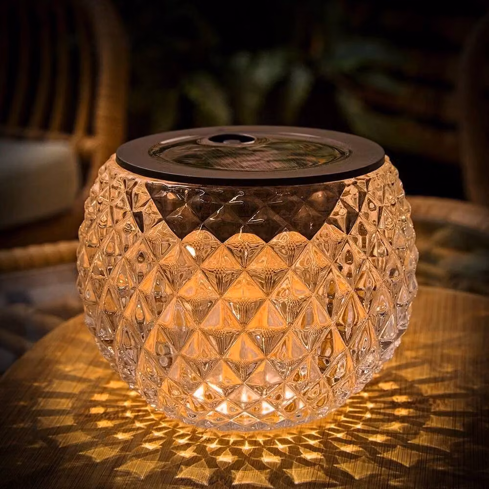 FORGEVIO Solar Powered Outdoor Glass Table Lamp with Diamond Pattern in Transparent and Black – 2