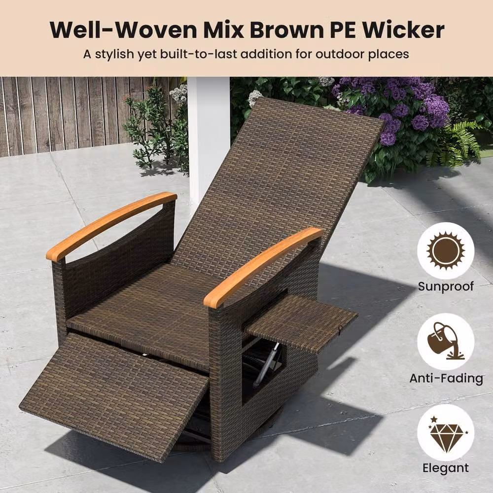 Gymax 360 Swivel Wicker Lounge Chair with Flip Side Table and Gas Spring Recline in Grey – 7