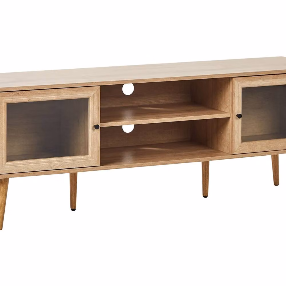 Wyld and Coco Scandinavian Style TV Stand in Light Brown with Tempered Glass Doors and Pine Legs, W: 150 cm, H: 56 cm, D: 39 cm – 2
