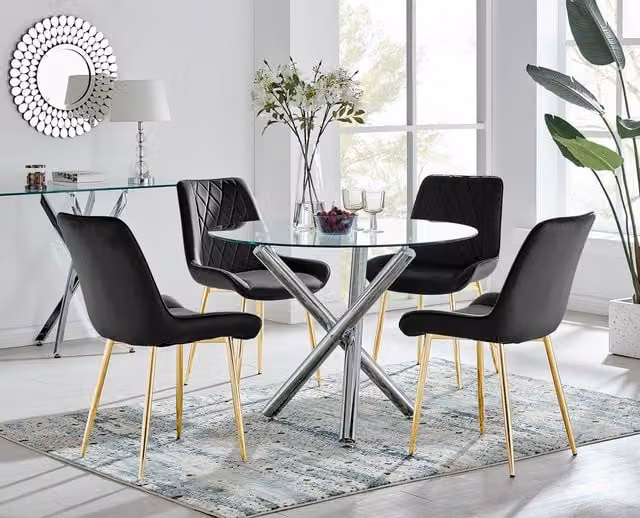 FurnitureboxUK Selina Round Glass Dining Table with Four Pesaro Gold Leg Chairs in Black