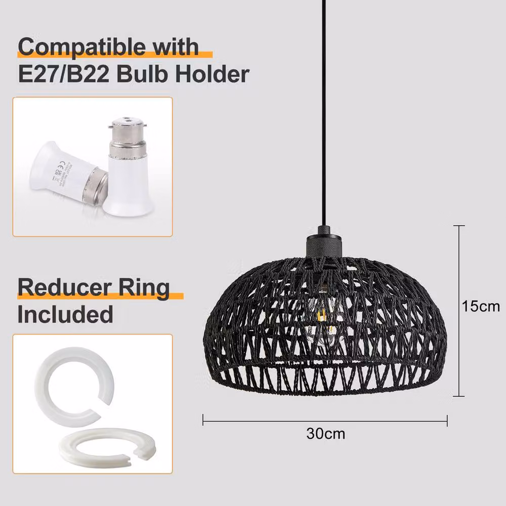 Harper Living Black Handwoven Rope Dome Ceiling Light Shade with Reducer Ring, W: 30 cm, D: 30 cm, H: 15 cm – 5