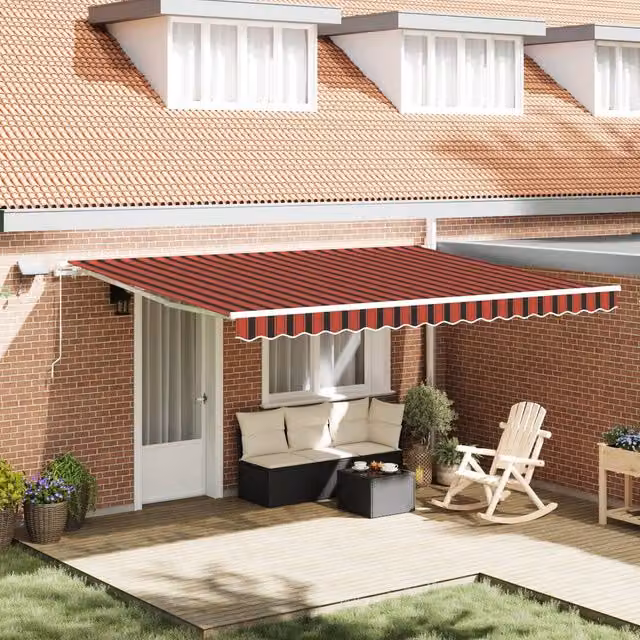 Berkfield Home Manual Retractable Wall-Mounted Folding Arm Awning with LED, Orange and Brown Striped, W: 450 cm, D: 350 cm