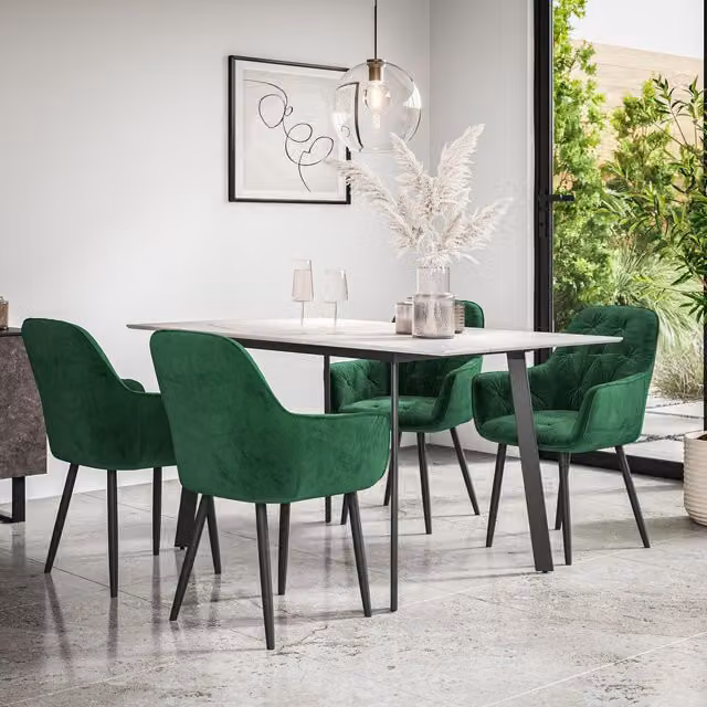 More4Homes Haydon Extending Dining Table and Anika Green Velvet Chair Set, White Marble Effect Top with Black Legs, W/D/H: 120 x 80 x 76 cm – 1