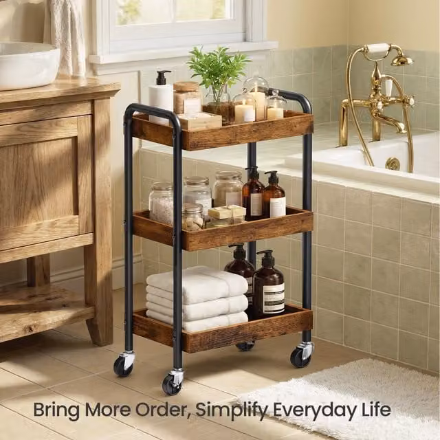 SONGMICS 3-Tier Rolling Kitchen Storage Trolley with Wheels in Rustic Brown