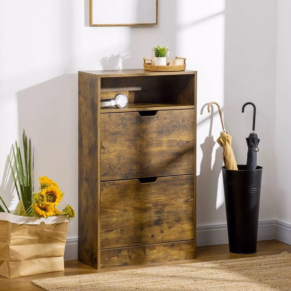 Wyld Haus Zilado Rustic Brown Slim Shoe Cabinet with 2 Hinged Doors and Adjustable Internal Shelves, W/D/H: 60 x 24 x 102 cm – 2