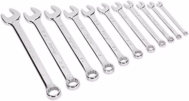 Loops 11pc Combination Hand Spanner Set, 1/4 to 7/8 Inch Imperial 12 Point Socket Wrench in Silver Chrome Vanadium Steel