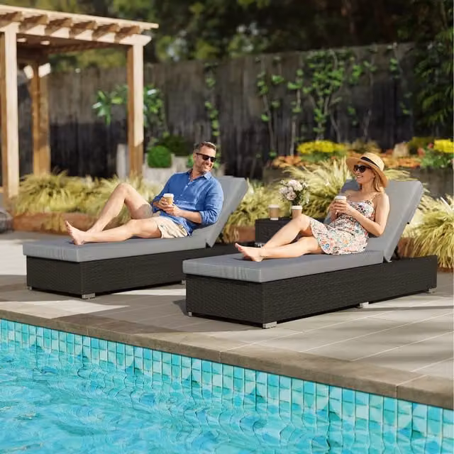 Outsunny Rattan Sun Loungers Set of 2 with Side Table and Weatherproof Cushions, Dark Grey