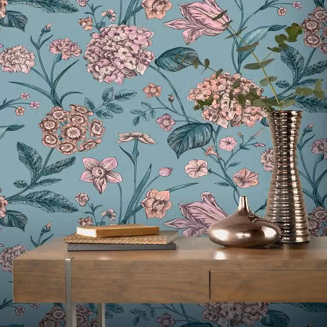 Rasch Hydrangea Floral Printed Wallpaper Roll in Green and Blue with Vintage Botanical Design