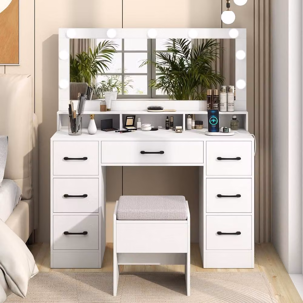 Costway Modern White Vanity Desk with Hollywood LED Mirror and 7 Drawers – 2
