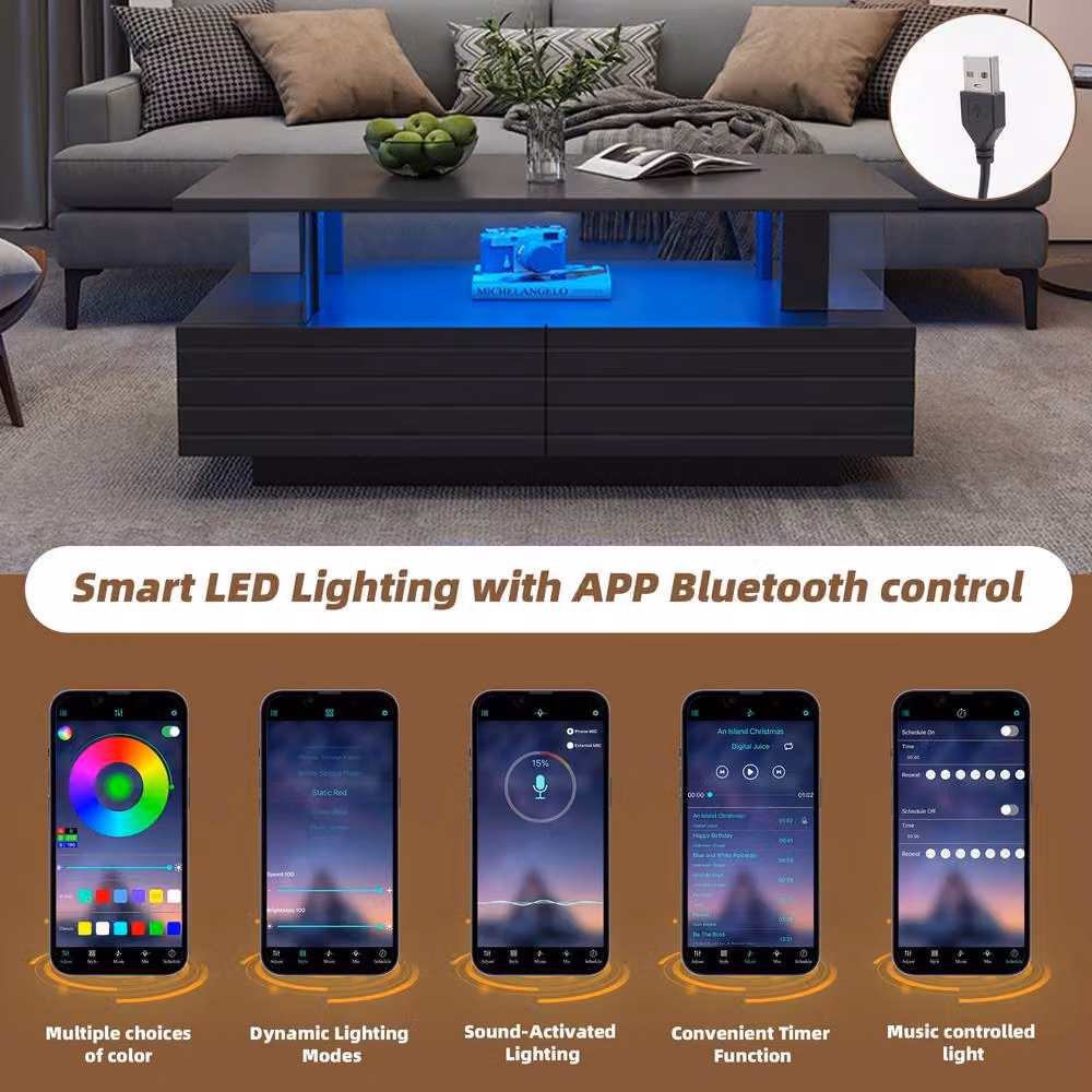 STILVORA Modern Black Coffee Table with LED, 2 Drawers and Open Storage – 4