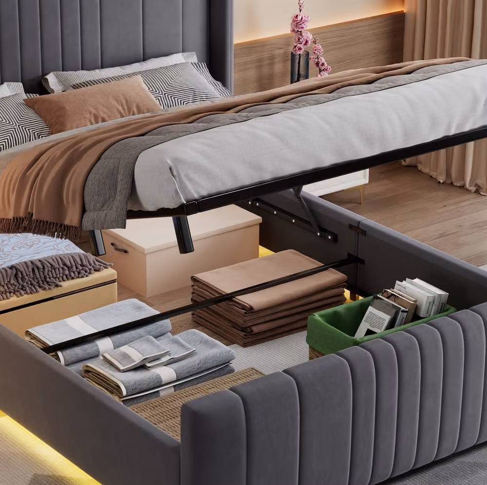 STILVORA Grey Velvet Upholstered Double Ottoman Bed with LED Under-Bed Lighting and Lift-Up Storage, W/D/H: 140 x 200 cm – 7
