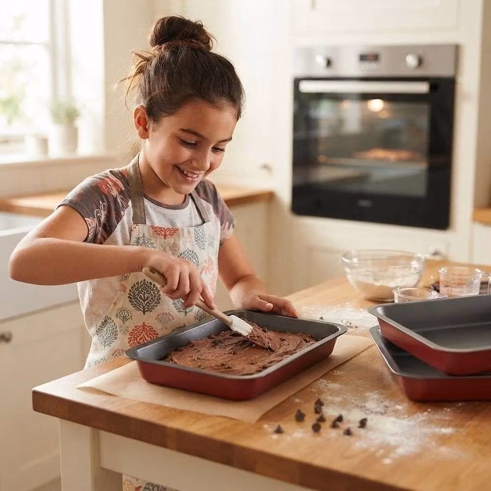 PAWNORA 3 Piece Non Stick Red Carbon Steel Rectangular Baking Tray Set – 4