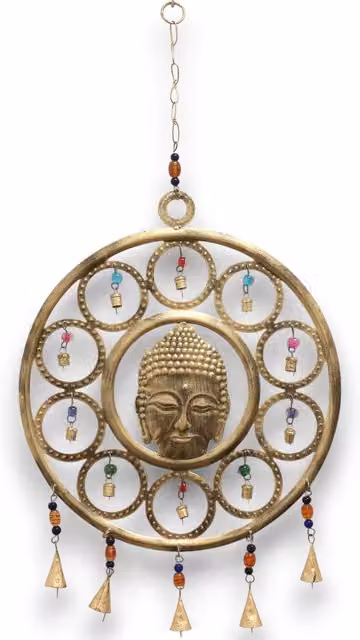 KDMK Indian Large Buddha Face Hanging Chimes with 15 Brass Bells in Gold