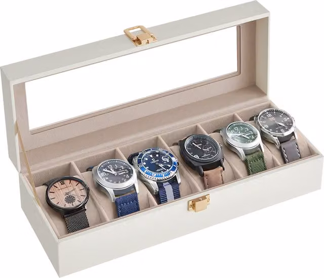 SONGMICS 6-Slot Watch Organiser Box with Glass Lid, White Faux Leather