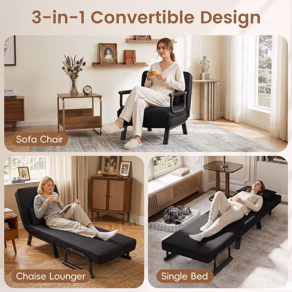 Costway Convertible Sleeper Chair Folding Sofa Bed with Adjustable Backrest and Armrests in Black – 8