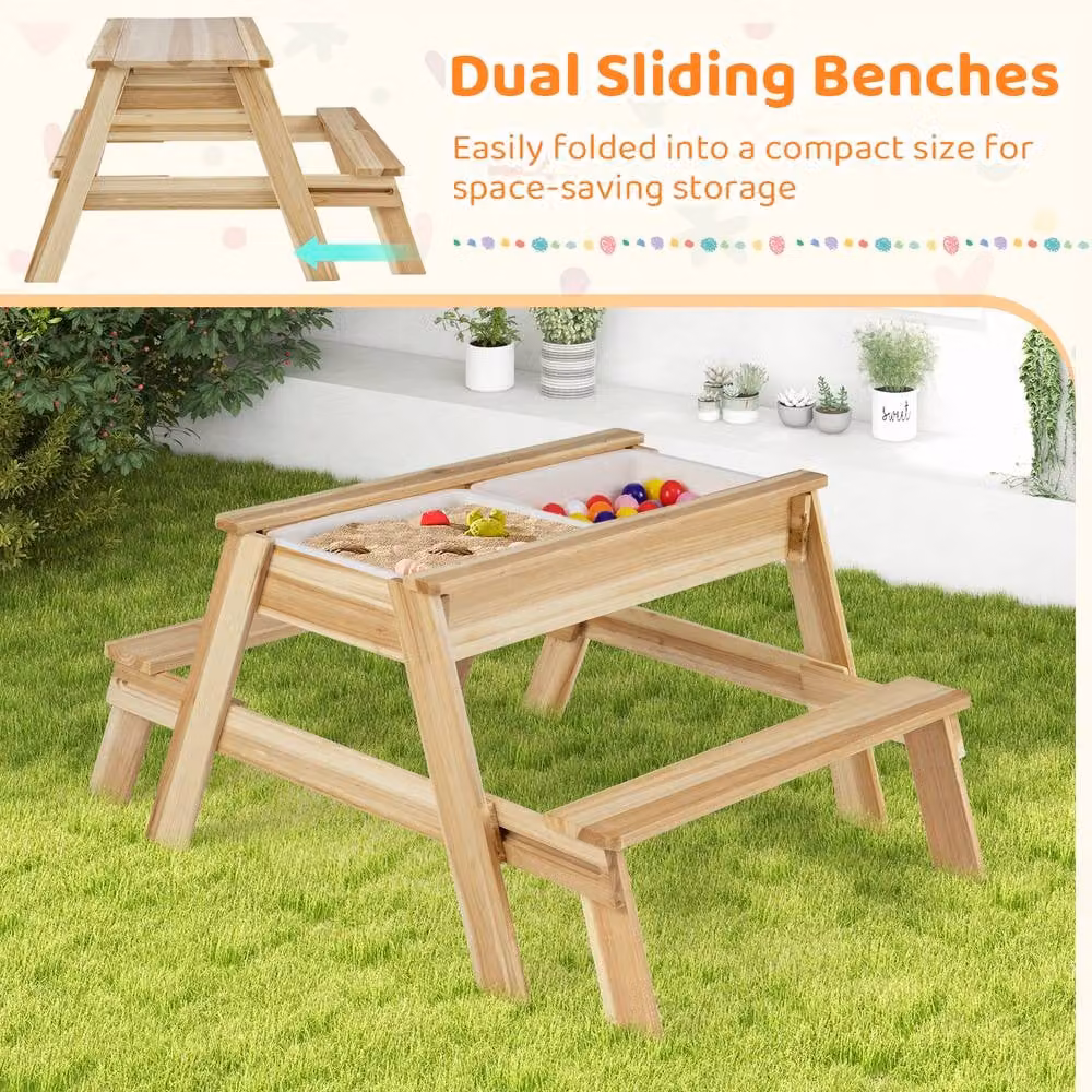 Costway 4 in 1 Wooden Kids Outdoor Sand Play Center with Table and Bench Set in Natural Brown – 3