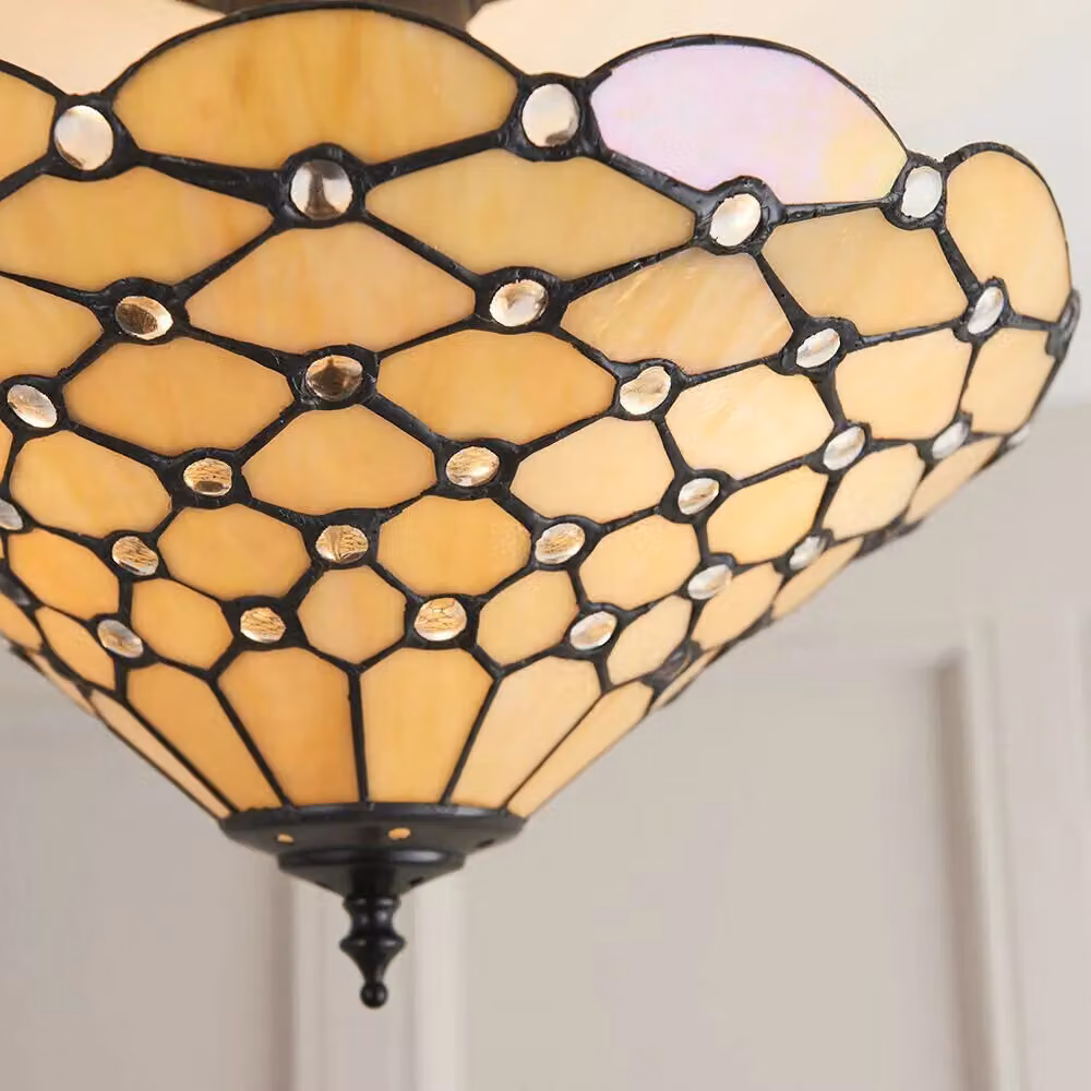 Loops Tiffany Glass Semi Flush Ceiling Light in Amber and Clear with Geometric Inverted Shade – 2