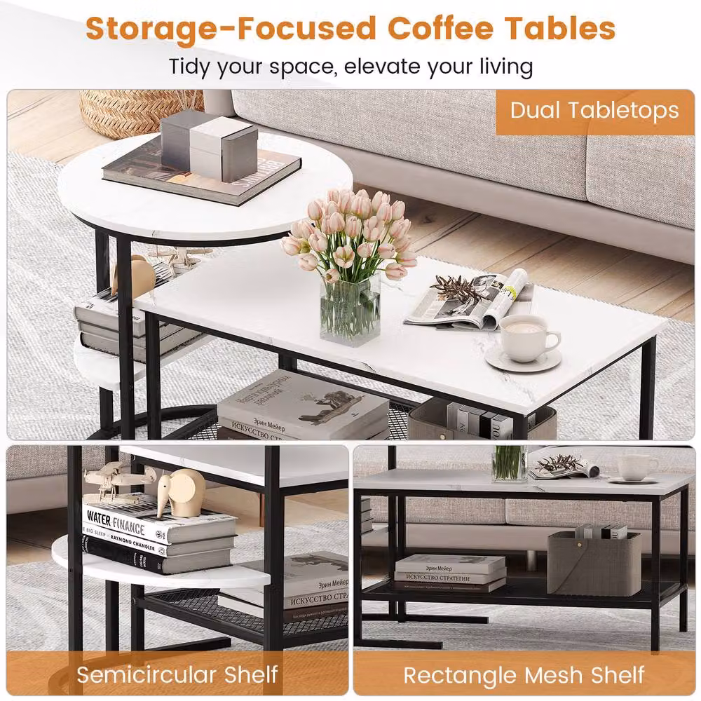 Gymax Set of 2 Nesting Coffee Tables with White Faux Marble Tops and Metal Legs – 7