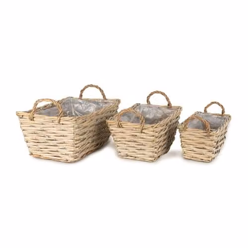 Madison & Mayfair Set of Three Brown Open Weave Wicker Baskets with Fabric Liners and Handles