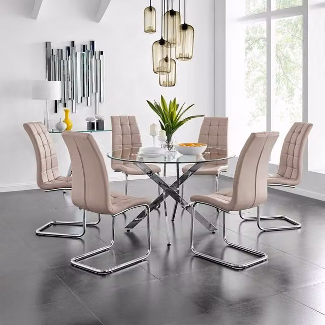 FurnitureboxUK Novara Round Glass Dining Table and 6 Murano Chairs Set in Cappuccino with Chrome Metal Frame, Diameter: 120 cm
