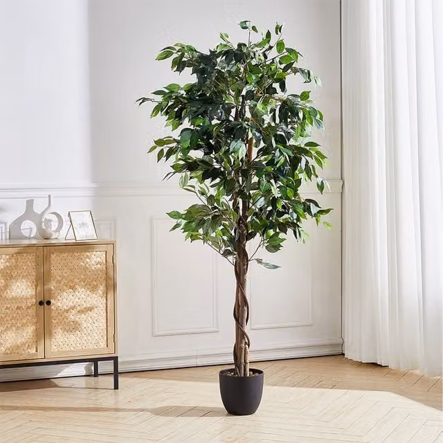 Livingandhome Green Artificial Tabletop Banyan Tree in a Black Plastic Pot