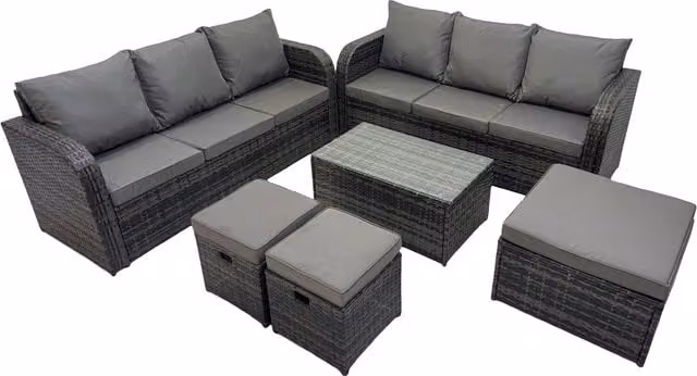 Fimous 9-Seater Outdoor Rattan Sofa Set with Tempered Glass Table in Dark Grey