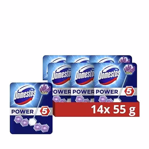 Domestos Power 5 Duo Pack Lavender Toilet Rim Blocks with Limescale Prevention, 14 x 55 g – 1