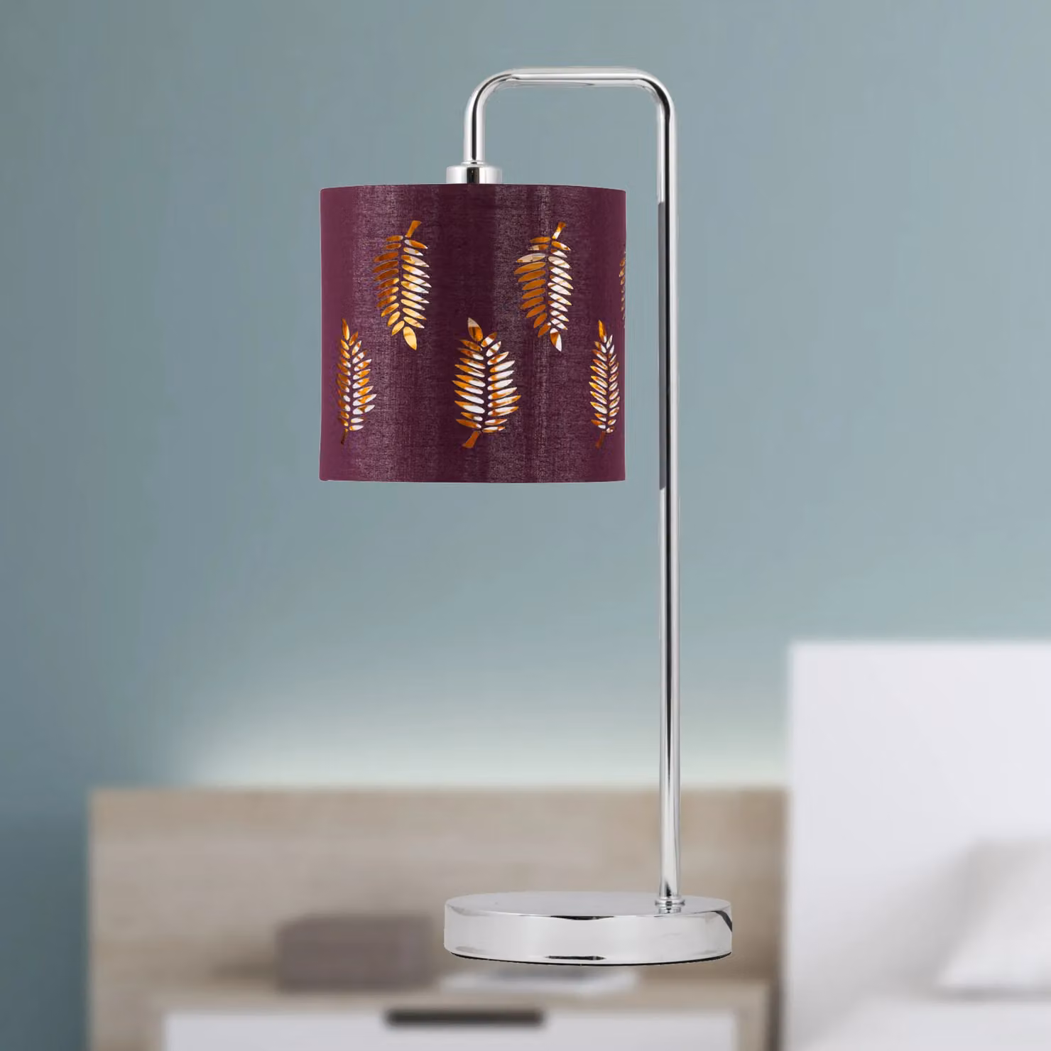 First Choice Lighting Set of 2 Chrome Arched Table Lamps with Burgundy Fabric Shades – 3