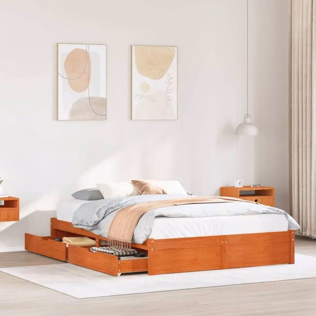 Berkfield Home Solid Pine Wood Bed Frame with Drawers, Wax Brown, 150 x 200 cm