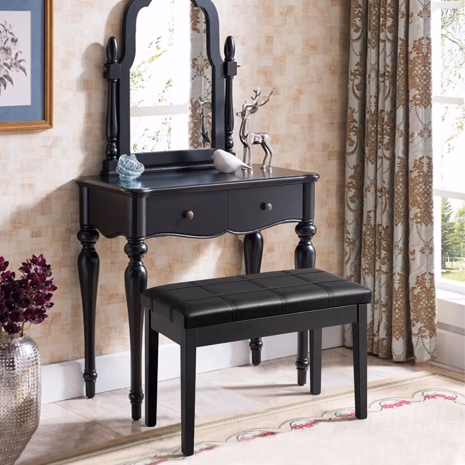 Costway Double Duet Piano Bench with Padded Synthetic Leather Cushion in Black – 6
