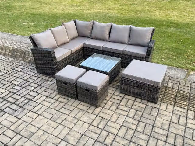 Fimous 9 Seater Rattan Garden Furniture Set in Dark Grey with L-Shape Corner Sofa, Square Coffee Table and 3 Footstools