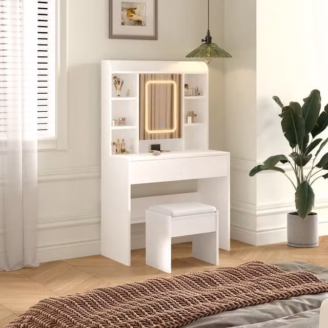 WestWood Modern White Dressing Table with Hollywood LED Mirror