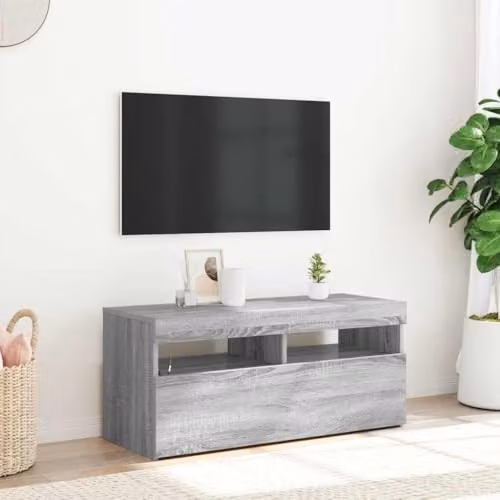 vidaXL Modern TV Cabinet with LED Lights in Grey Sonoma, W: 90 cm, D: 35 cm, H: 40 cm – 1