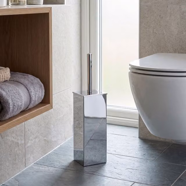 Orsina Sleek Square Stainless Steel Toilet Brush and Holder in Silver and White, H37 x W10 x D10 cm – 2