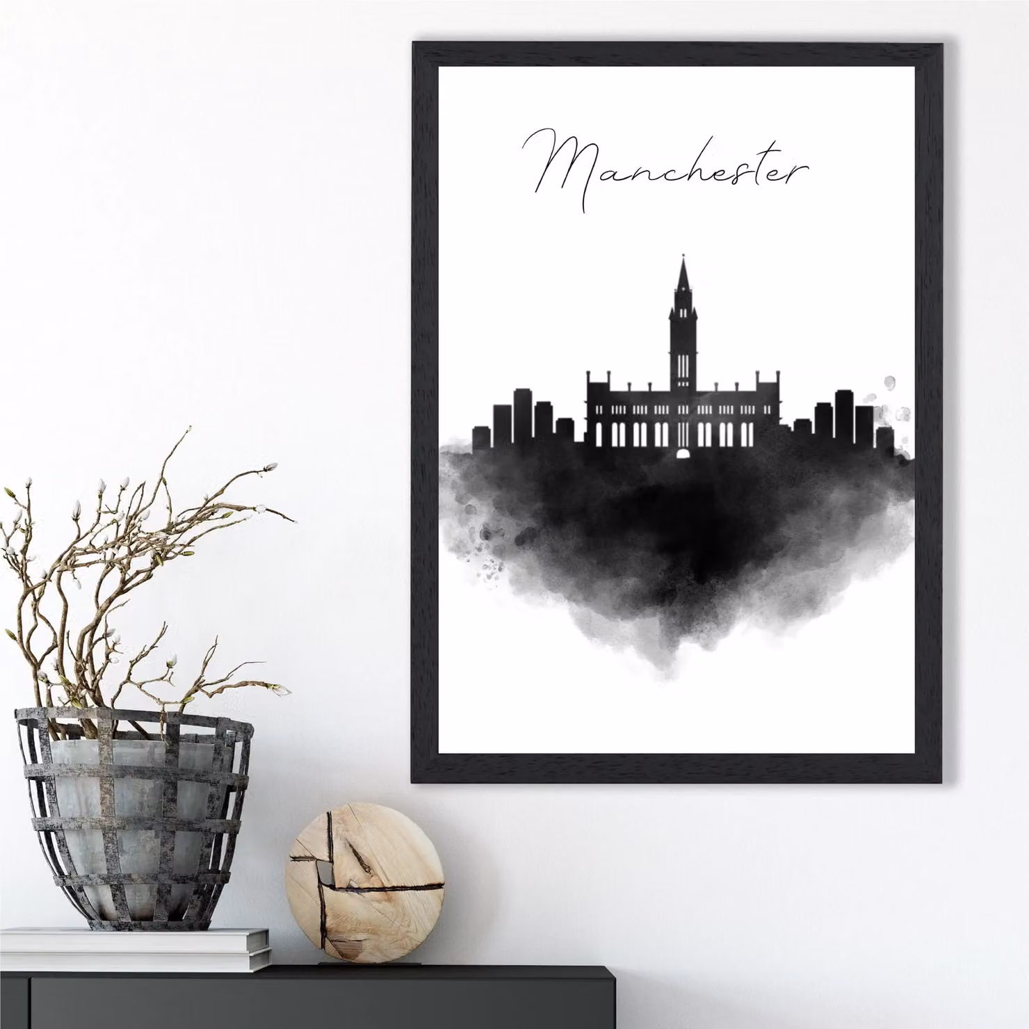 ARTZE Manchester Watercolour Skyline City Framed Print in Black – 2