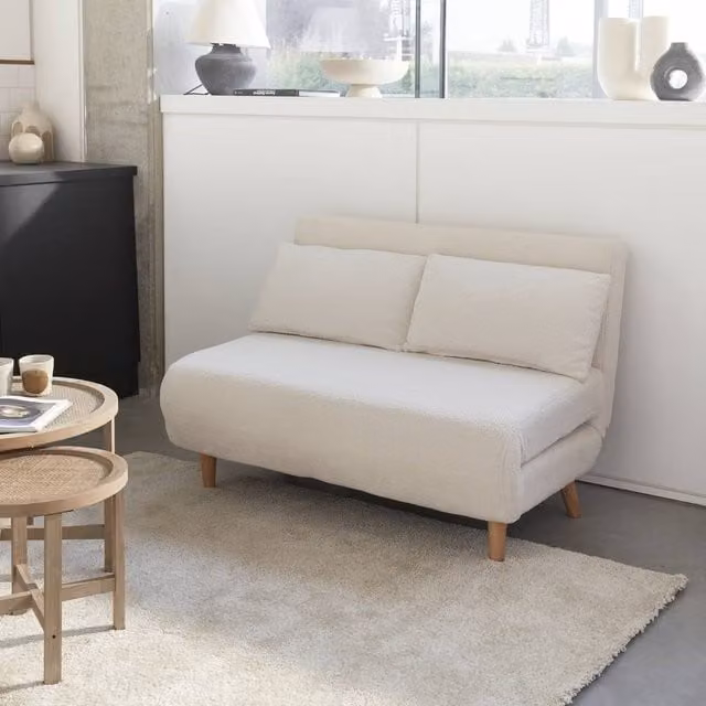 sweeek 2-Seater Scandi-Style Folding Sofa Bed in Cream Bouclé with Scatter Cushions