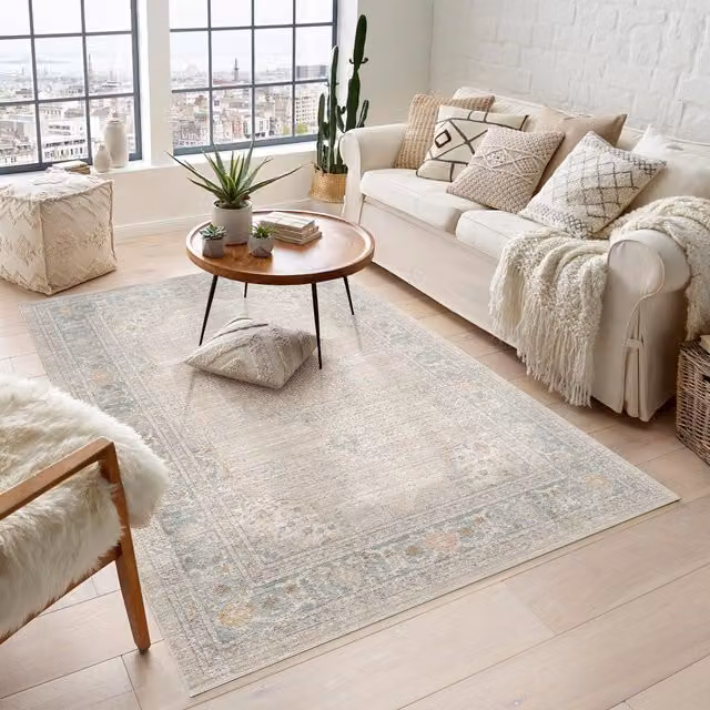 Desire Rugs Maia Traditional Floral Non-Slip Washable Low Pile Area Rug, Beige and Yellow, W: 300 cm