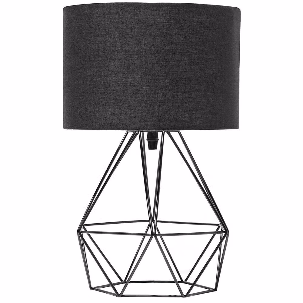 Wyld and Coco Industrial Table Lamp in Black with Metal Wire Cage and Fabric Shade – 2