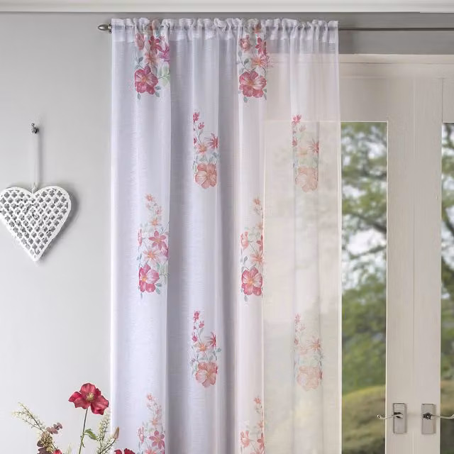 Terrys Floral Pink and White Single Voile Rod Pocket Ready Made Curtain