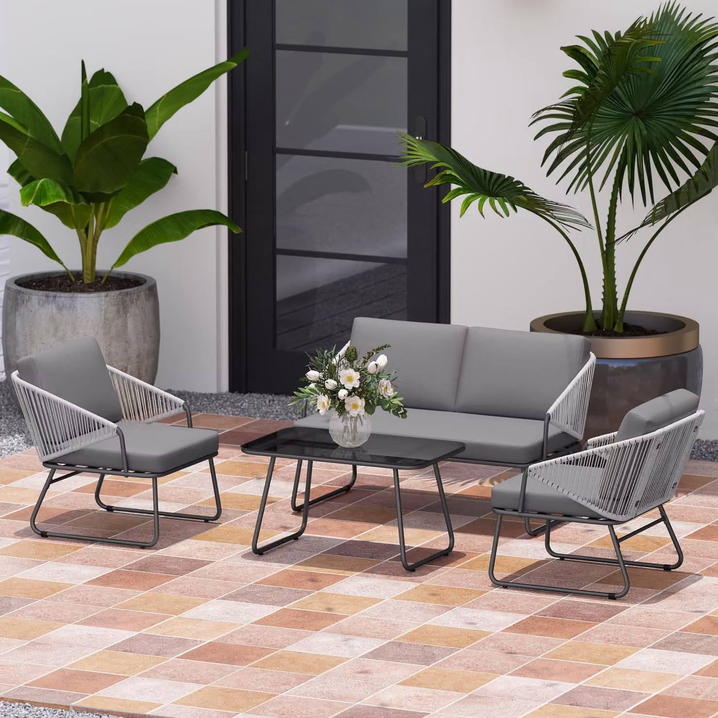 Outsunny 4 Piece Grey Rattan Garden Furniture Set with Upholstered Cushions, 2 Seater Sofa, Armchairs and Glass Top Coffee Table – 7