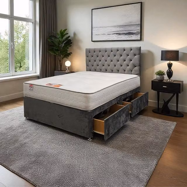Knight Sleep Athens Plush Bed Set with Hybrid Mattress and 2 Drawers, Grey, W/D/H: 200 x 200 x 60.96 cm
