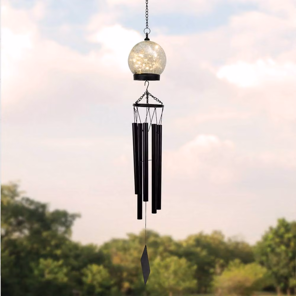 Gardenwize Solar Powered Black Crackle Glass Wind Chime with Warm White LED, Diameter: 12 cm – 3