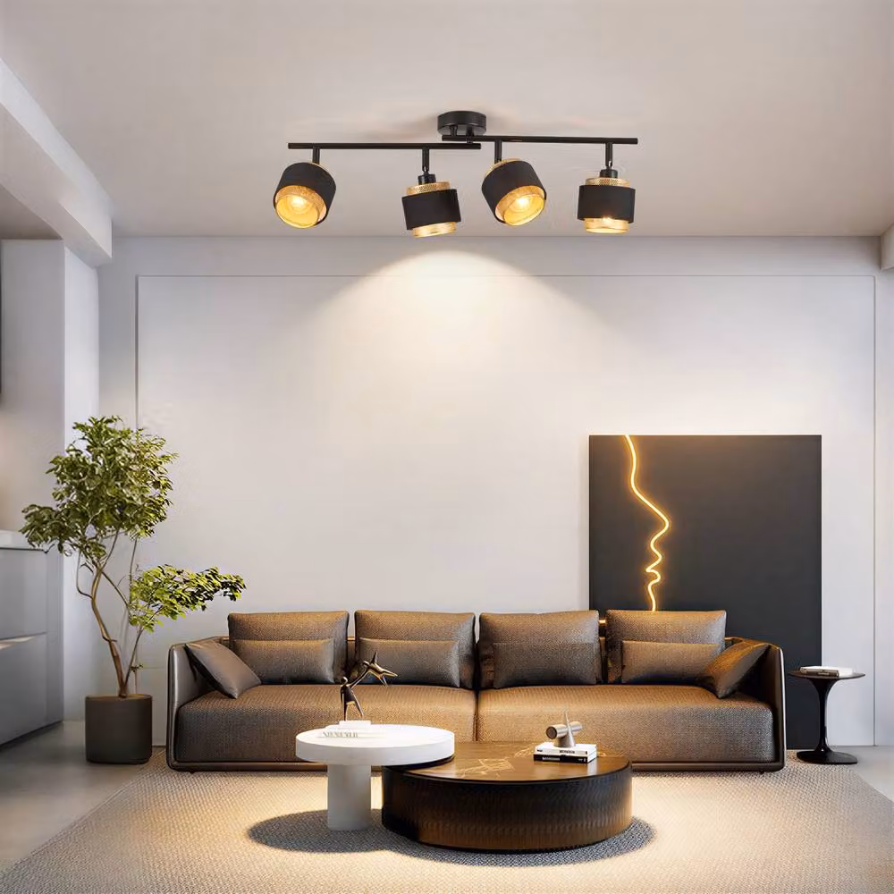 Harper Living 4 Way Modern Ceiling Track Lighting, Black and Gold/Brass, Adjustable Metal Mesh and Fabric Shade, 4 x E14 Max 40W – 3