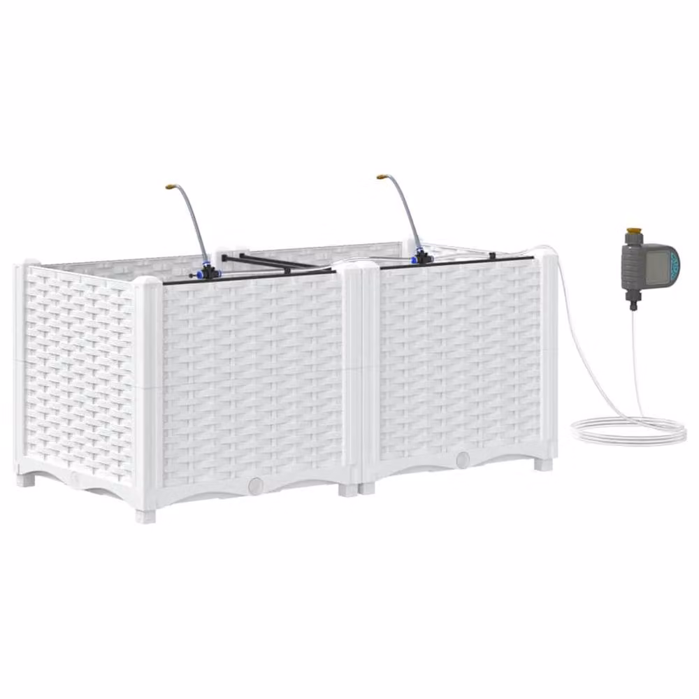 Berkfield Home Garden Planters with Water Irrigation System, 2 Piece Set, White – 2